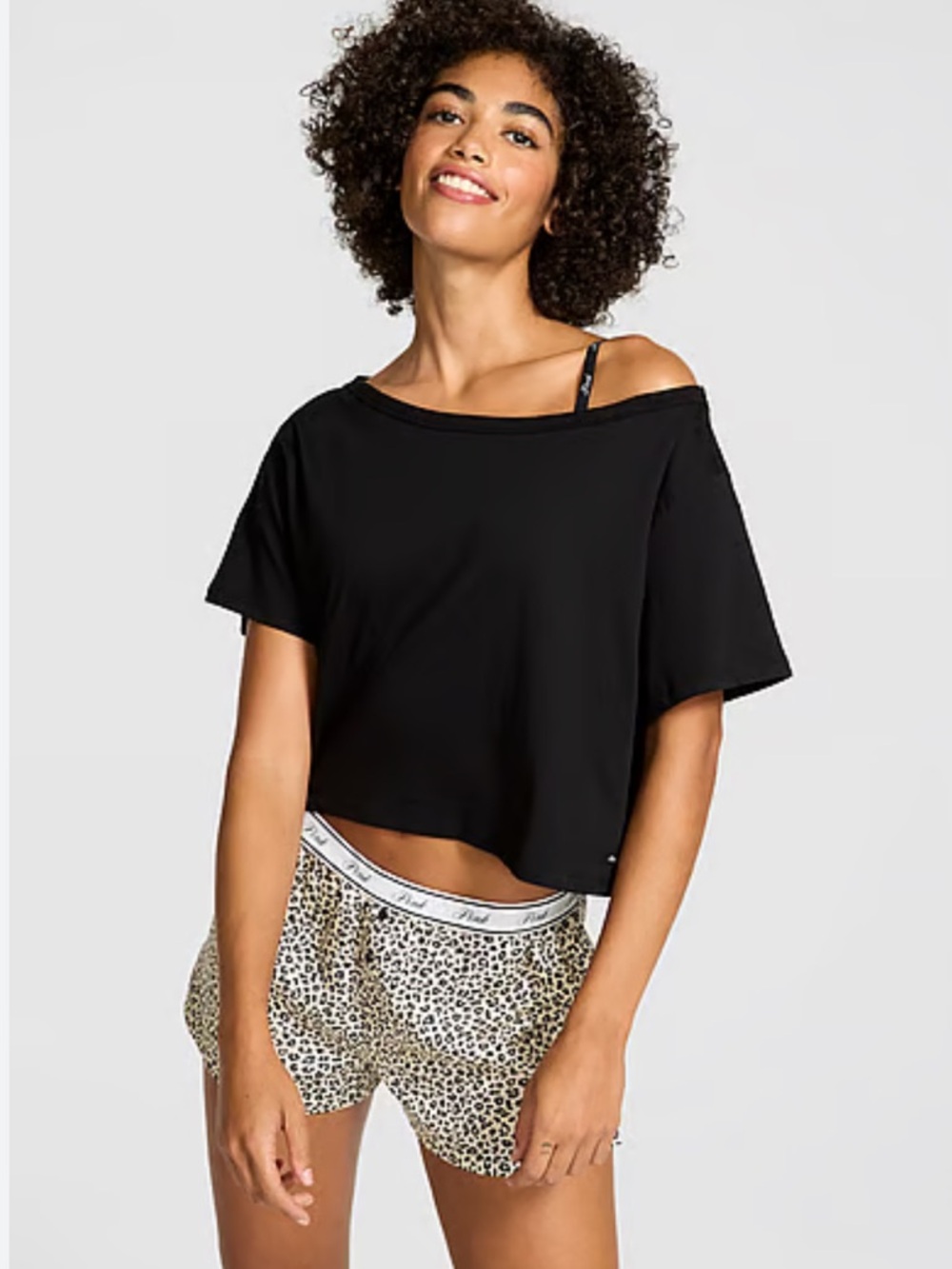 PINK Victoria's Secret Black Off-Shoulder Cropped Tee